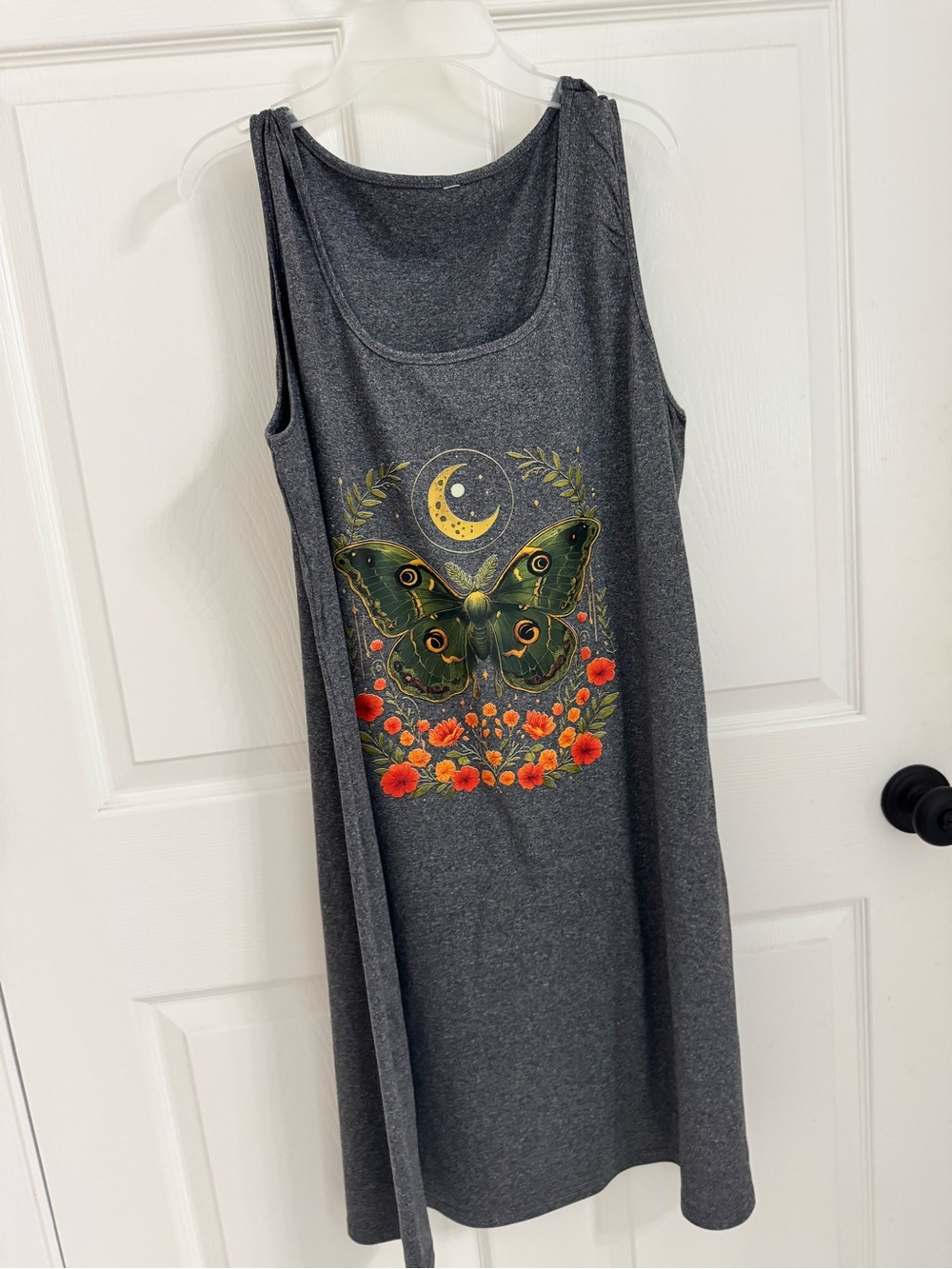 Green Moth Graphic Tank dress with Orange Floral Accents - Picture 2 of 5